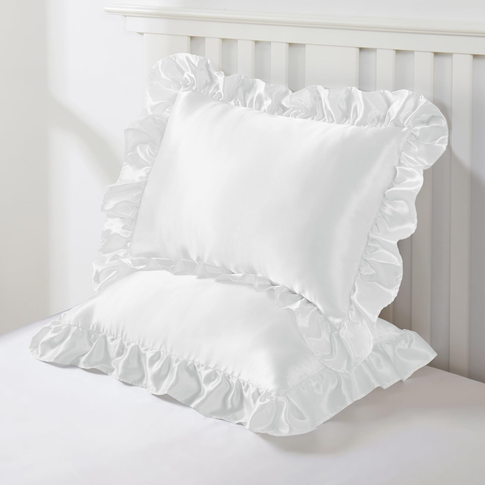 Entisn Ruffle Satin Toddler Pillowcase closeup shows the decorative 3-inch ruffle.