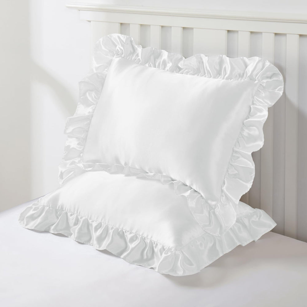 Entisn Ruffle Satin Toddler Pillowcase closeup shows the decorative 3-inch ruffle.
