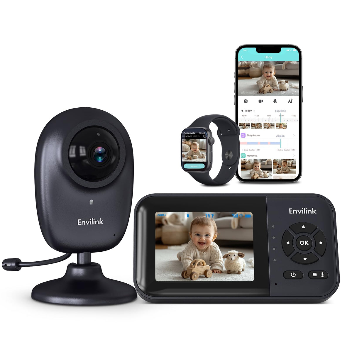 Envilink smart video baby monitor display offers quick, clear room monitoring from the unit.