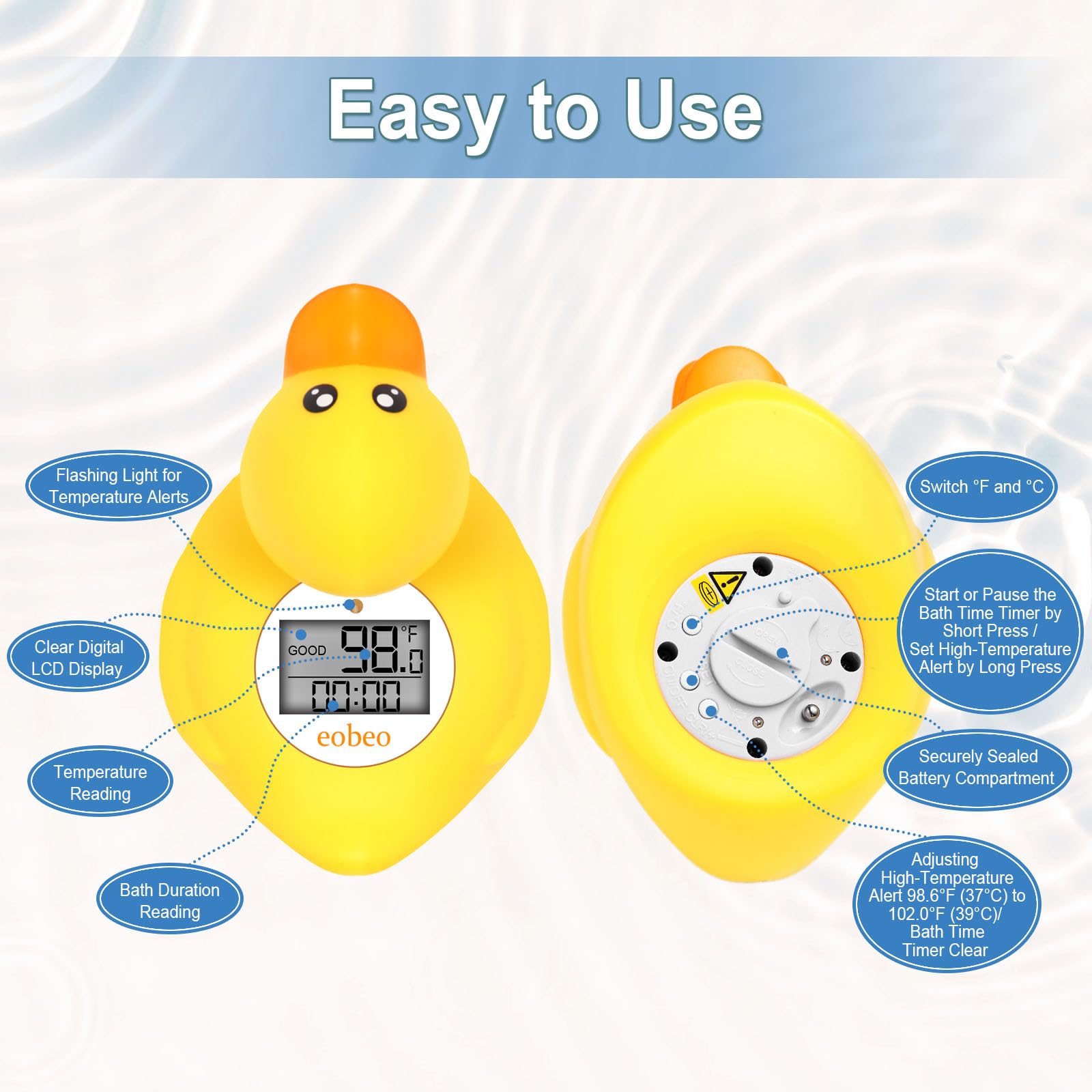 Eobeo bath timer function helps track bath duration for comfortable routines