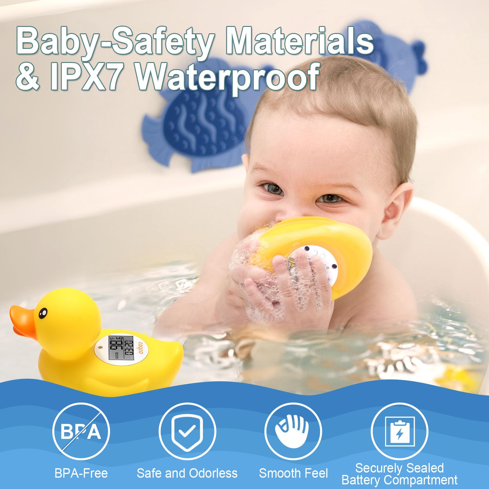 Eobeo floating yellow duck bath toy doubles as a playful room thermometer