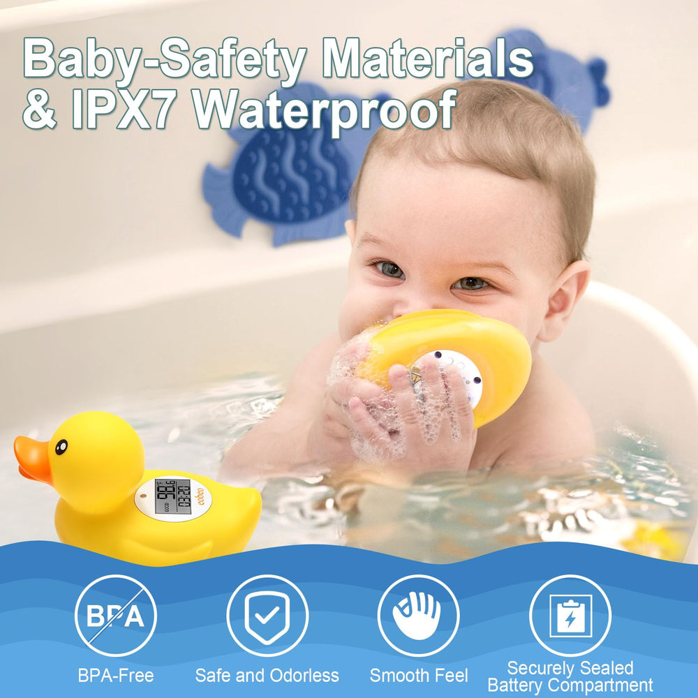 Eobeo floating yellow duck bath toy doubles as a playful room thermometer