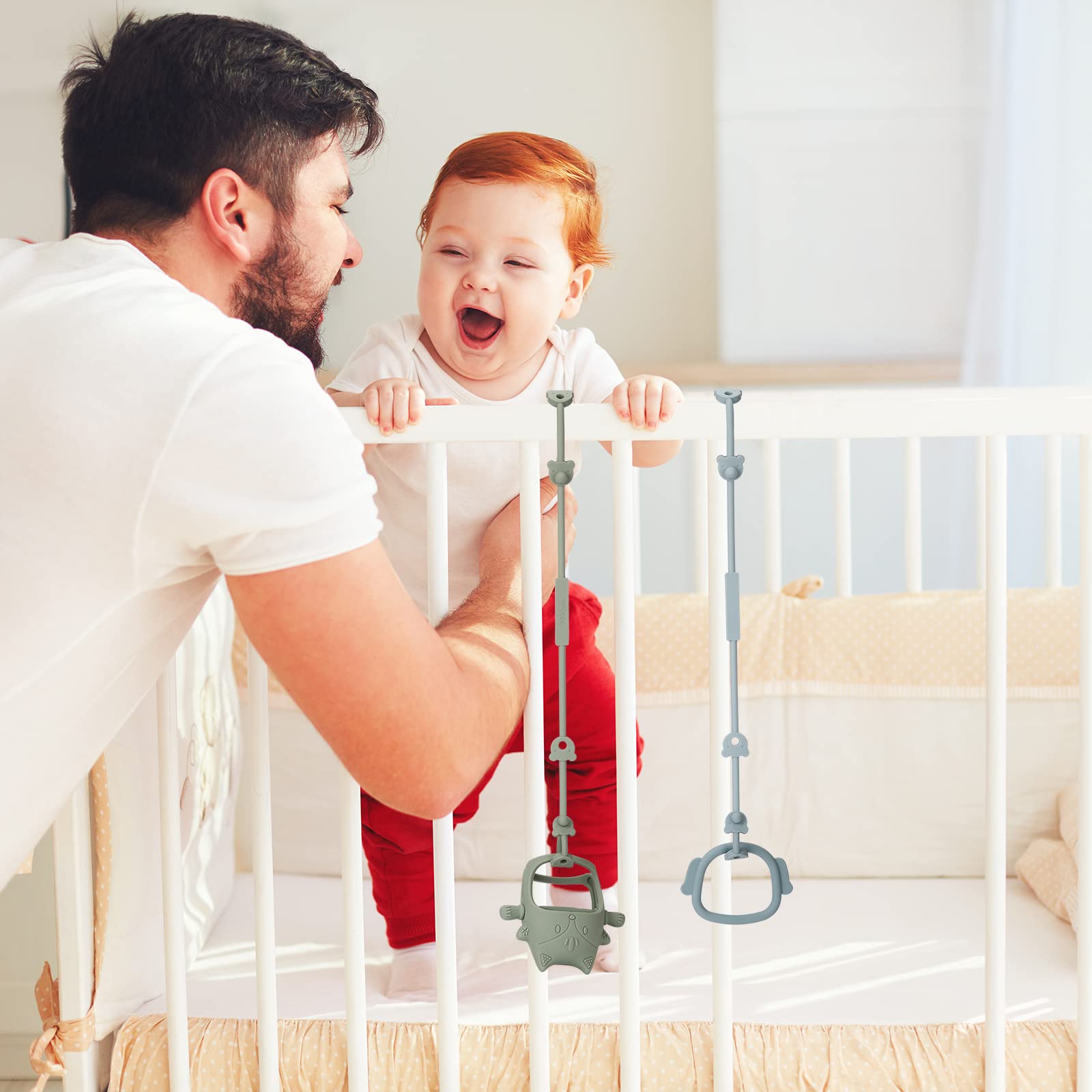Eoopoon baby teether harness keeps bottles and teethers within easy reach.