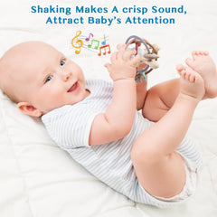 Eoopoon silicone teether with rattle for sensory stimulation and fine motor play.