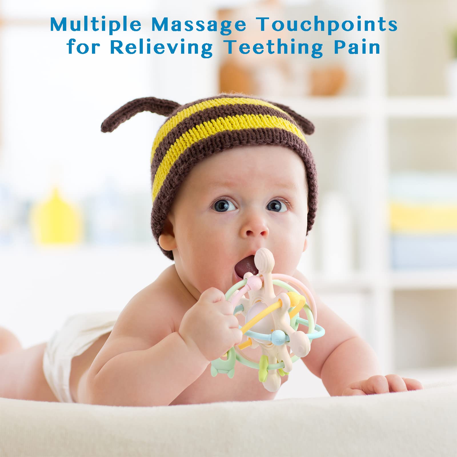 Eoopoon teether massage points soothe sore gums during chew sessions.