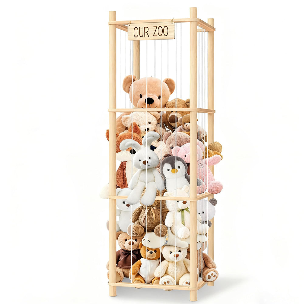 EQGDU zoo cage display shelf showing plush toys organized in a playful playroom