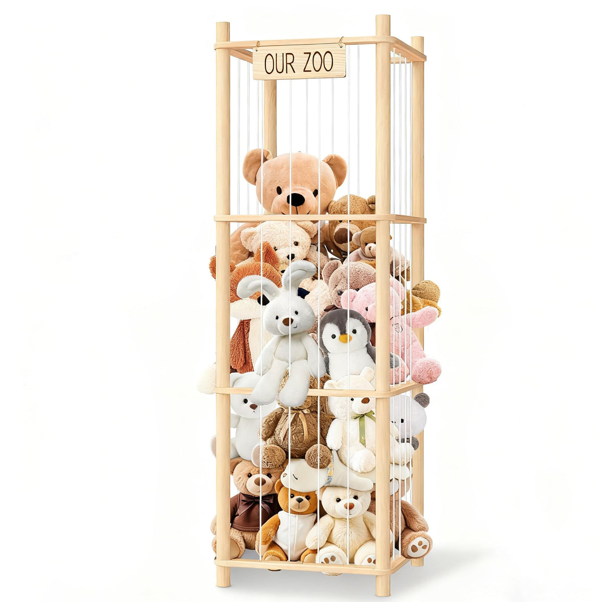 EQGDU zoo cage display shelf showing plush toys organized in a playful playroom
