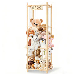 EQGDU zoo cage display shelf showing plush toys organized in a playful playroom