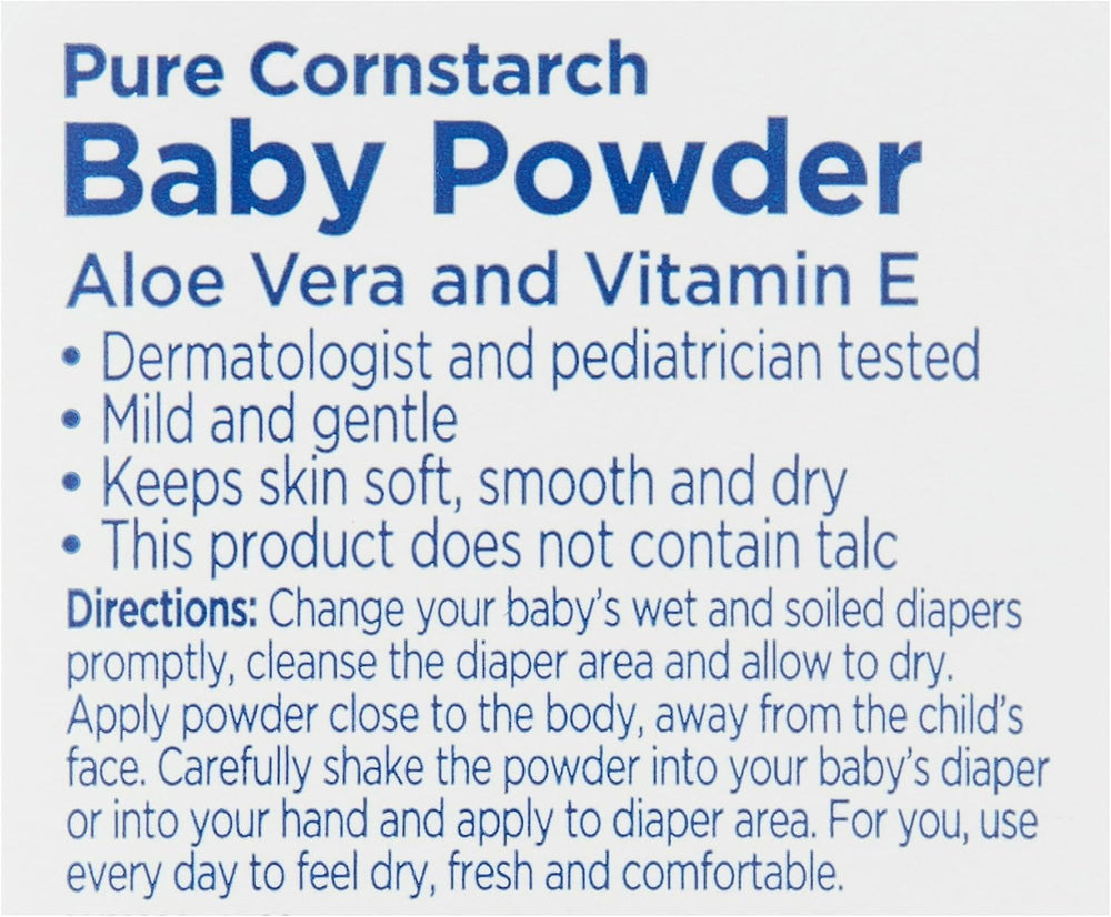 Equate Pure Cornstarch Baby Powder after-shower application for daily dryness and comfort.