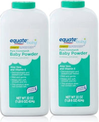 Equate Pure Cornstarch Baby Powder bottle shows aloe and vitamin E for gentle moisture control.