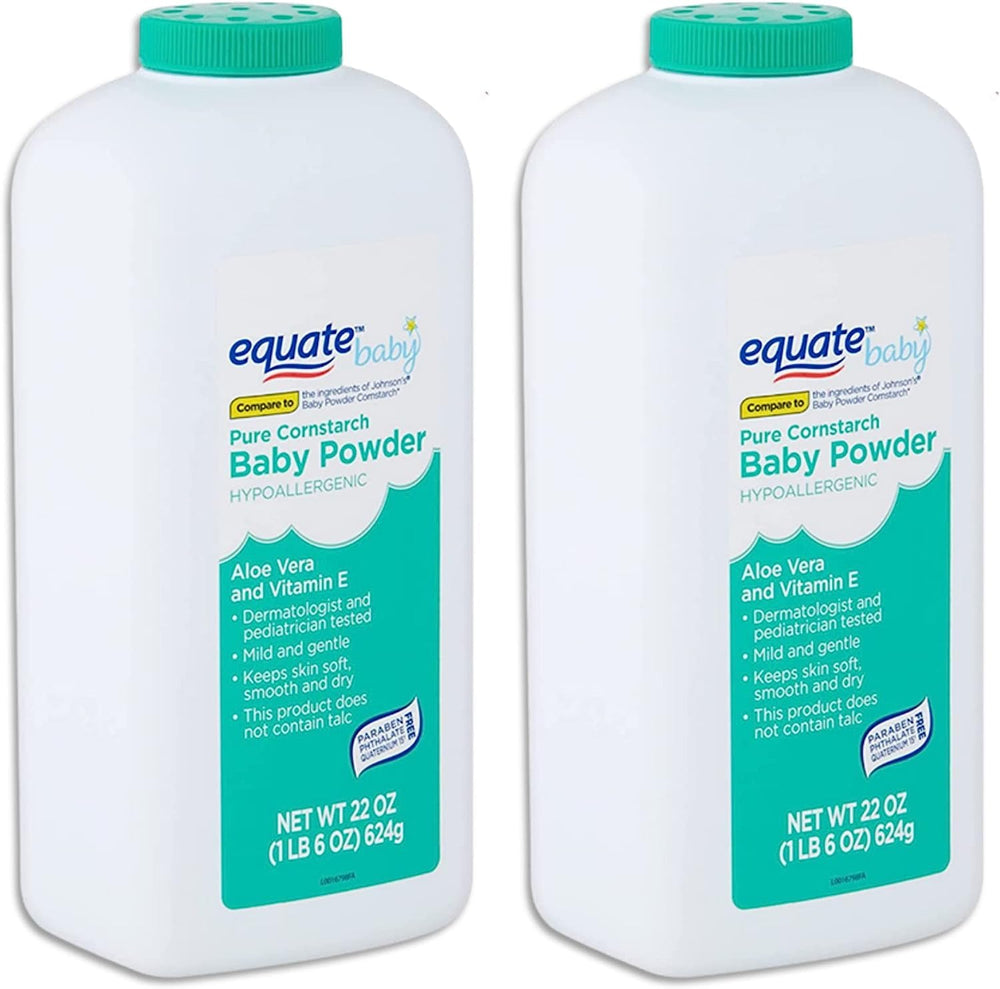 Equate Pure Cornstarch Baby Powder close-up highlights aloe and vitamin E benefits on skin.