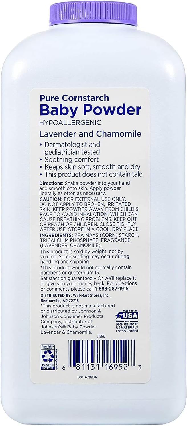 Equate baby powder jar close-up showing lavender chamomile scent and gentle formula