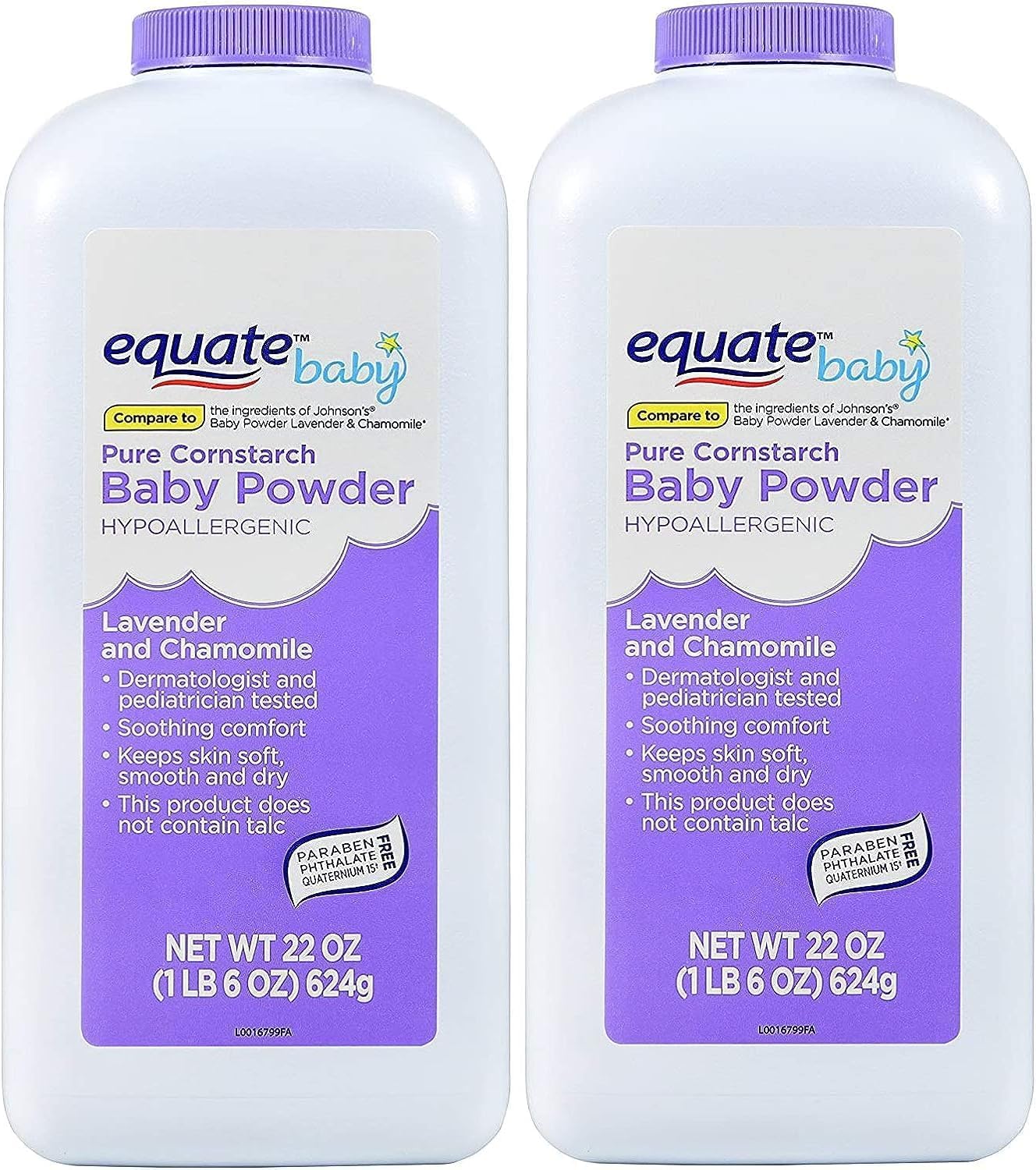 Equate lavender chamomile powder bottle pour for gentle, quick-drying baby care.