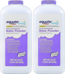 Equate lavender chamomile powder bottle pour for gentle, quick-drying baby care.