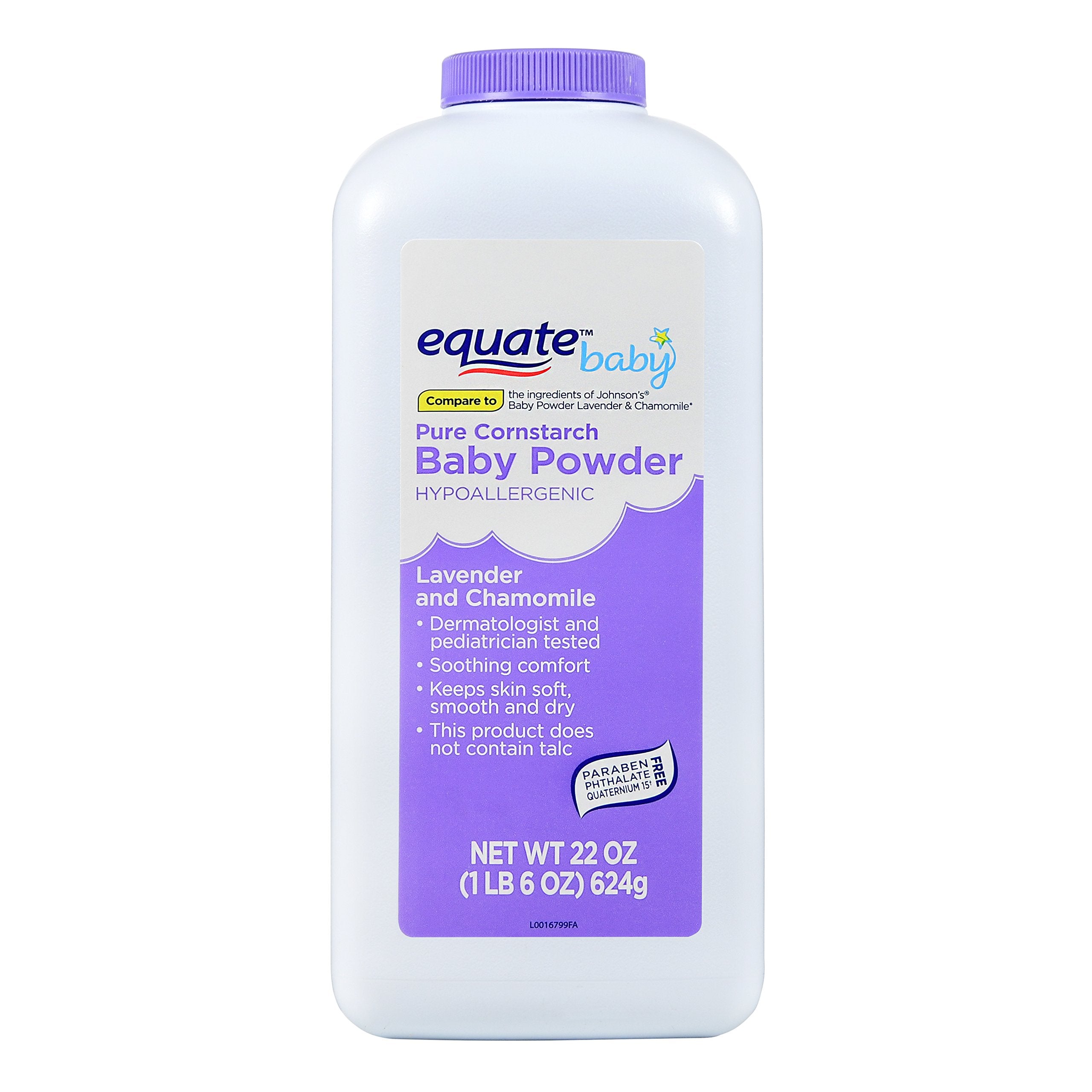 Equate Pure Cornstarch Baby Powder bottle with lavender and chamomile for gentle scent and moisture control.