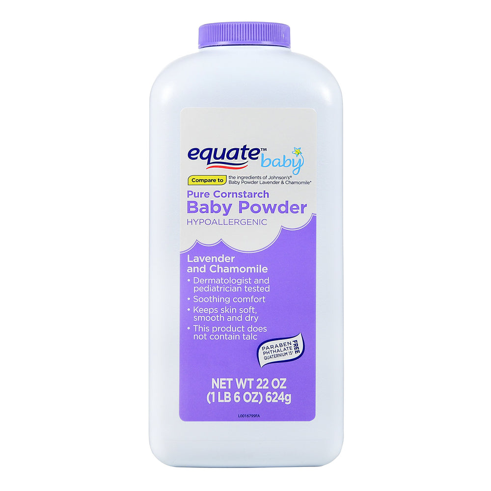 Equate Pure Cornstarch Baby Powder bottle with lavender and chamomile for gentle scent and moisture control.