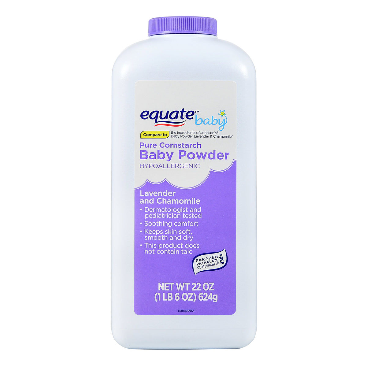 Equate Pure Cornstarch Baby Powder bottle with lavender and chamomile for gentle scent and moisture control.
