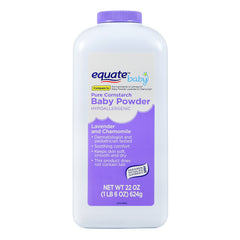 Equate Pure Cornstarch Baby Powder bottle with lavender and chamomile for gentle scent and moisture control.