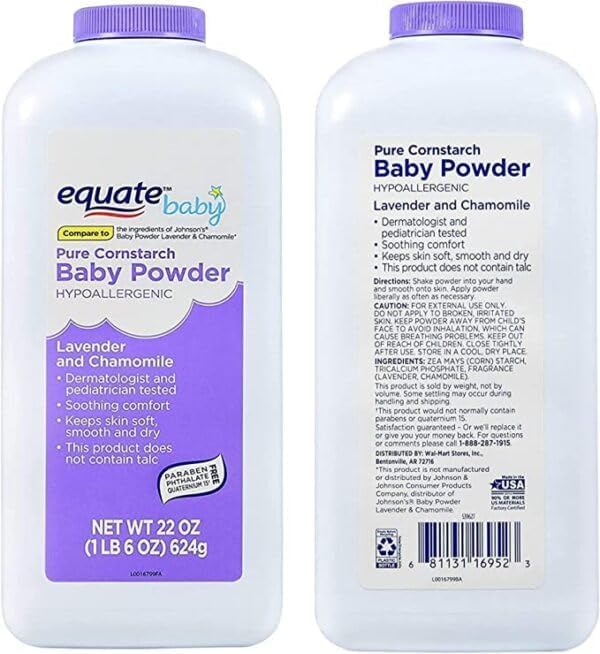 Equate lavender chamomile twin-pack packaging highlights convenient family-size powder.