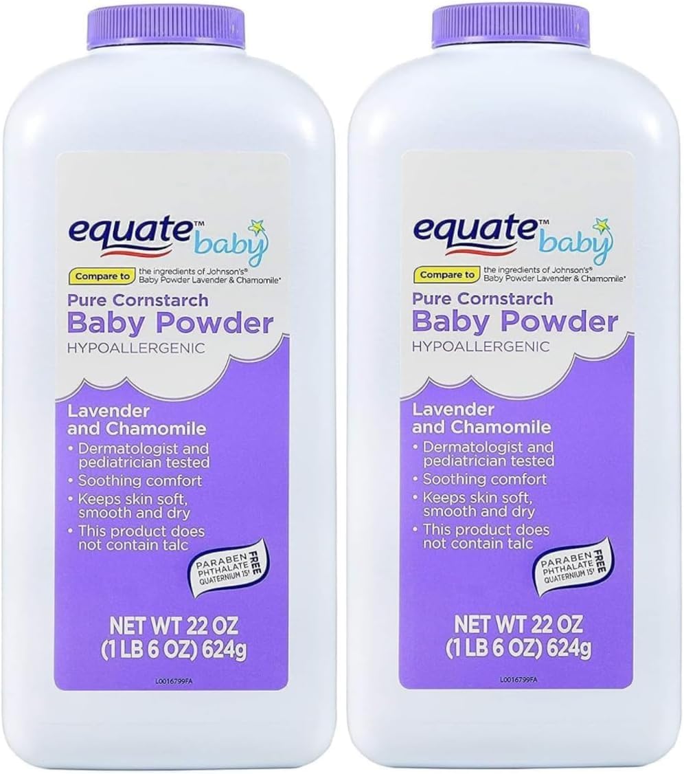 Equate Pure Cornstarch Baby Powder Lavender-Dust: gentle, breathable coverage for everyday comfort.