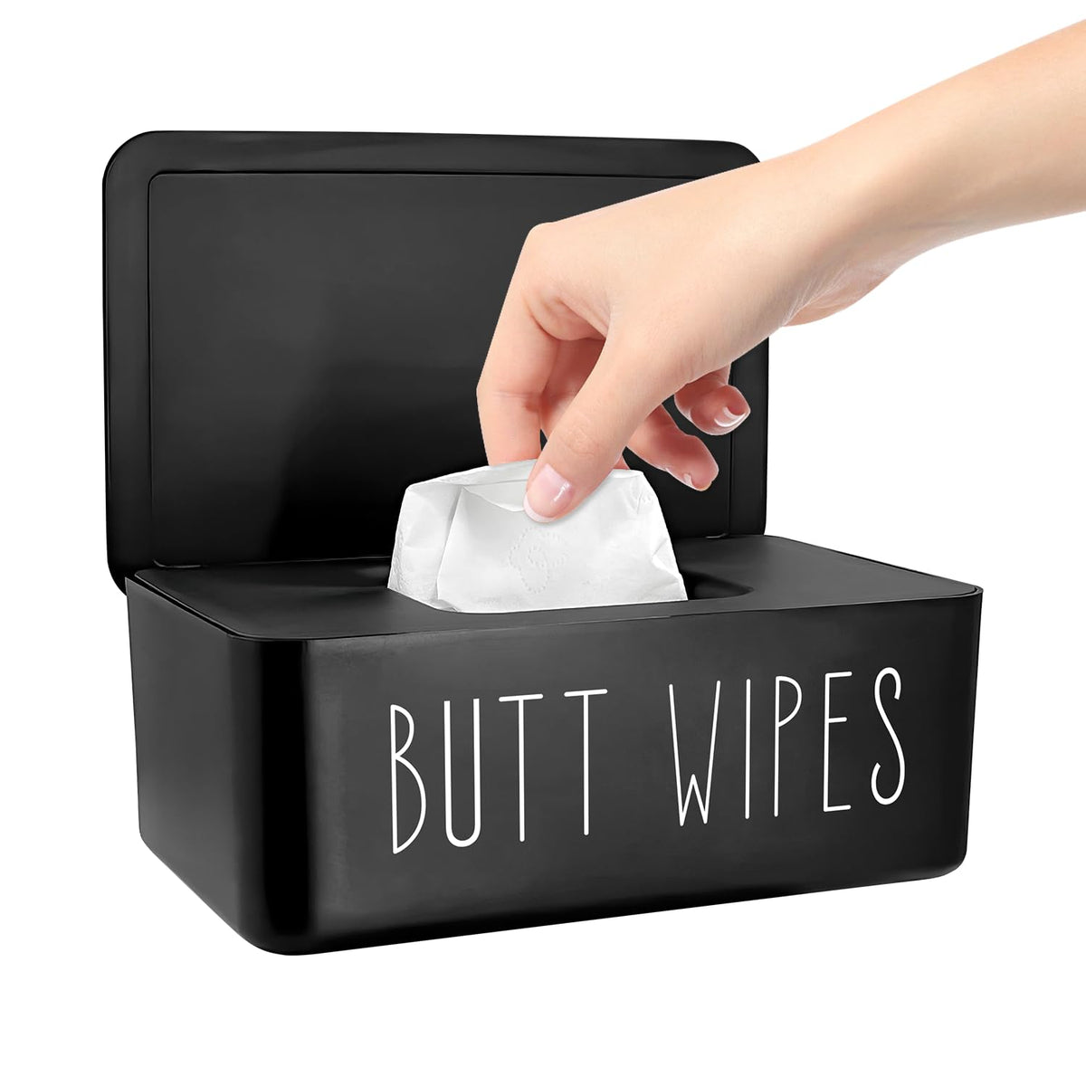 EQUNROY baby wipes dispenser front view showcases compact black design for quick bathroom cleanup.