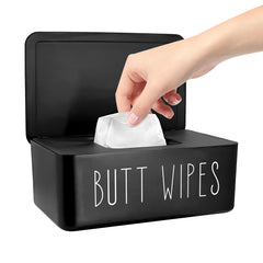 EQUNROY baby wipes dispenser front view showcases compact black design for quick bathroom cleanup.