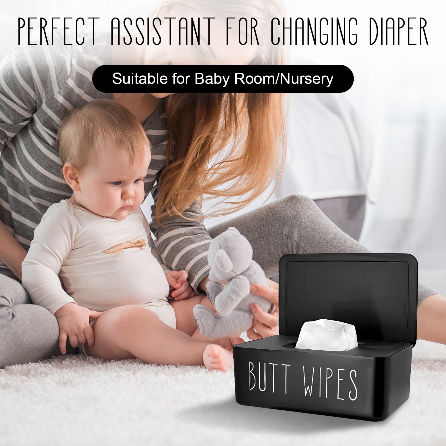EQUNROY baby wipes dispenser top open demonstrates one handed access for fast wipe retrieval.
