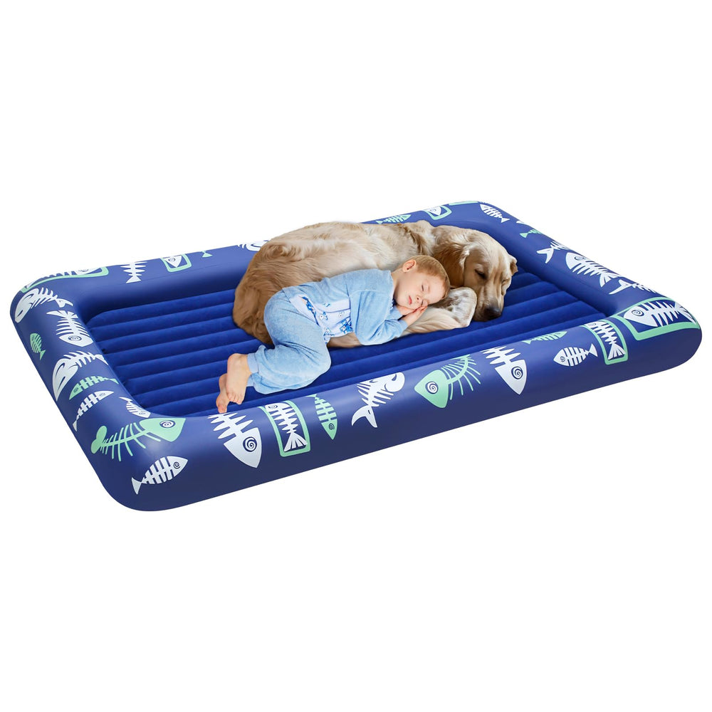 EQURROY toddler inflatable travel bed blue folded for easy car travel