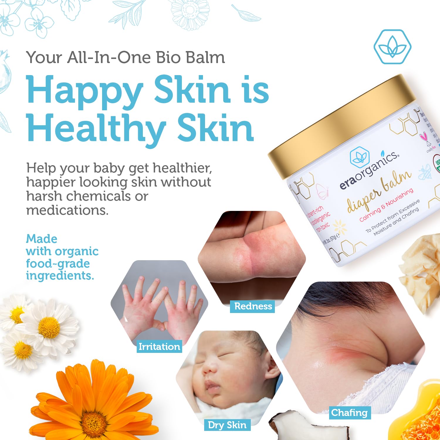 Era Organics Baby Diaper Balm being applied on hands for gentle daily protection