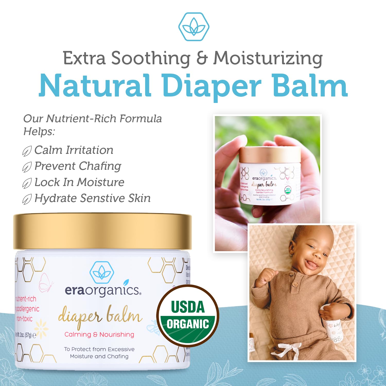 Era Organics Baby Diaper Balm on baby skin after use shows softened skin