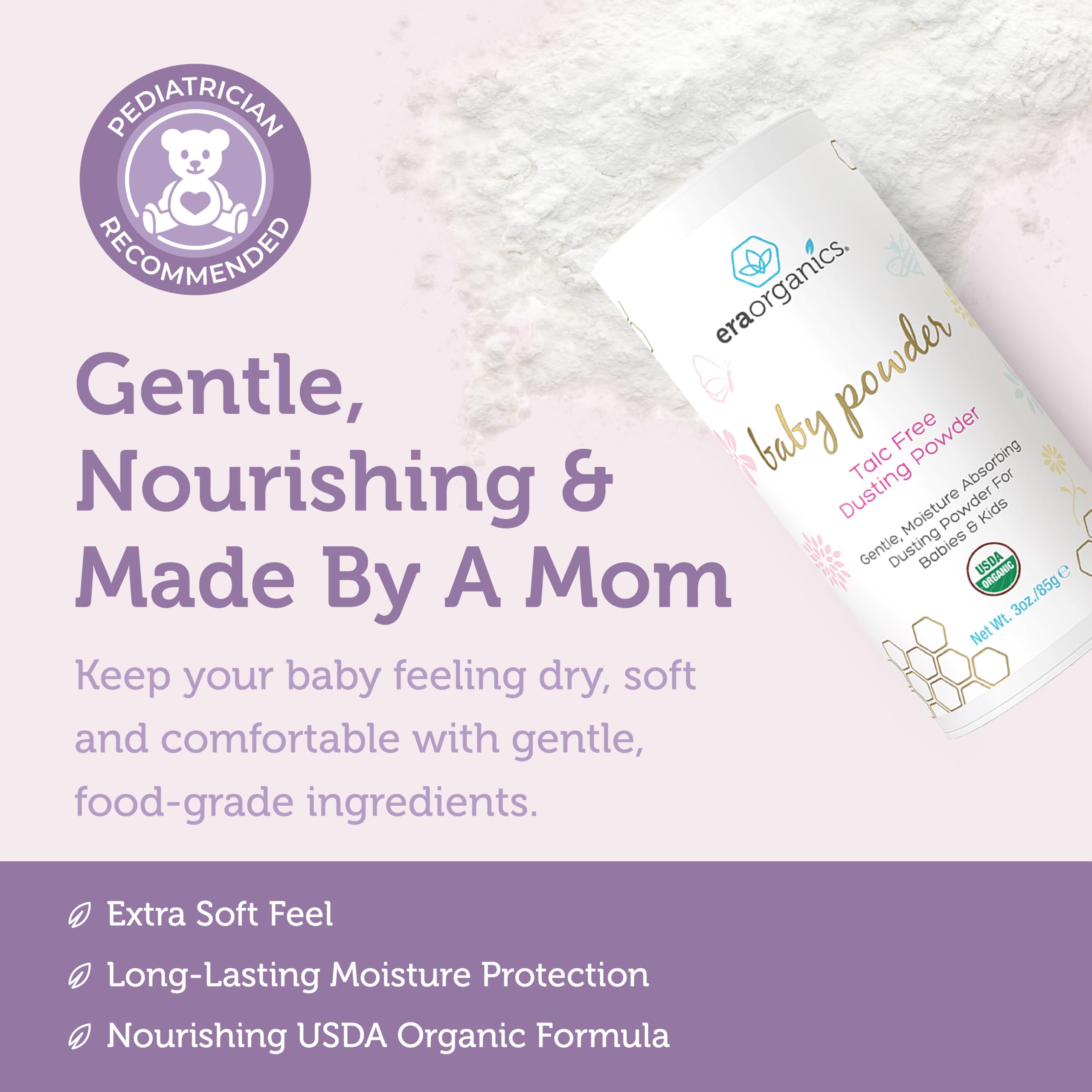 Era Organics baby powder texture during application for smooth, comfortable diaper changes