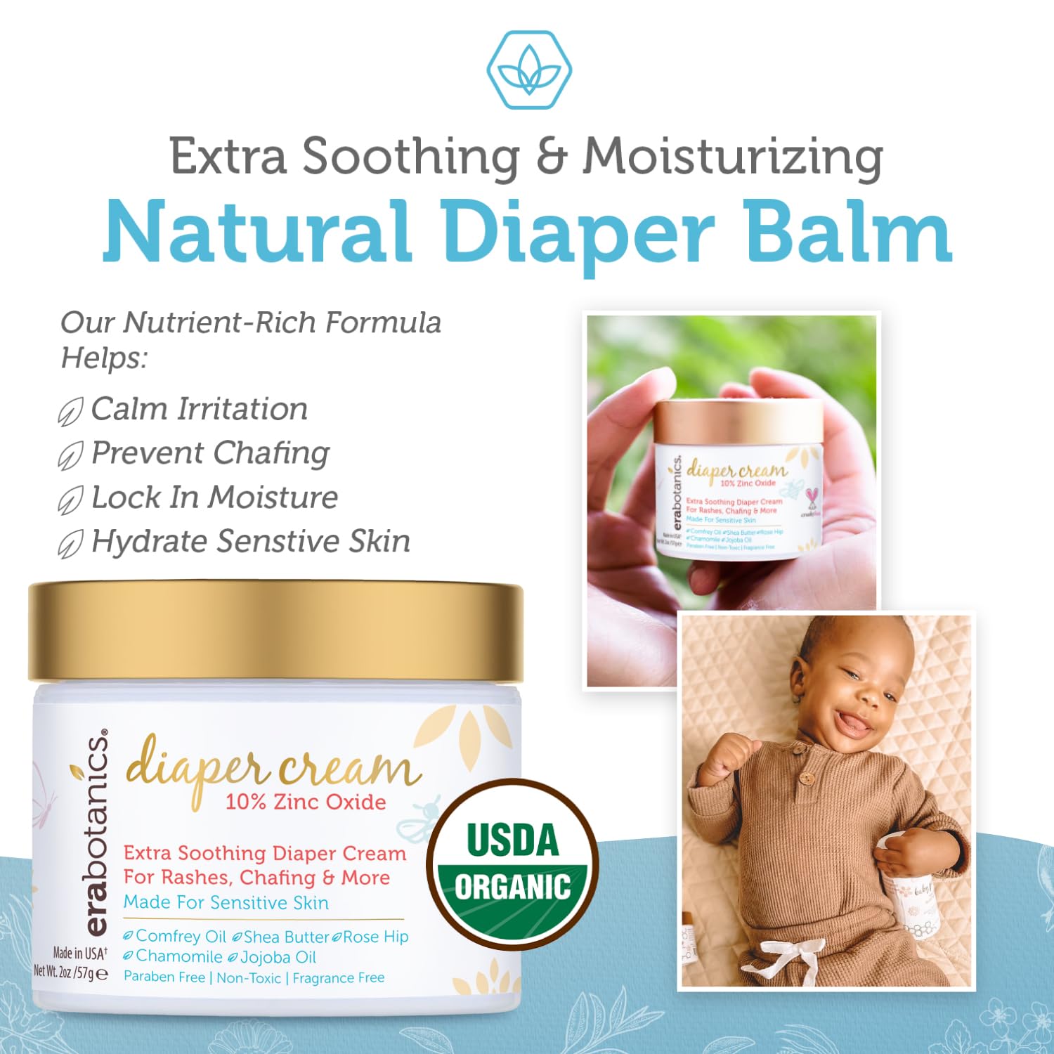 Era Organics diaper rash cream side view illustrating safe, fragrance-free skin barrier.