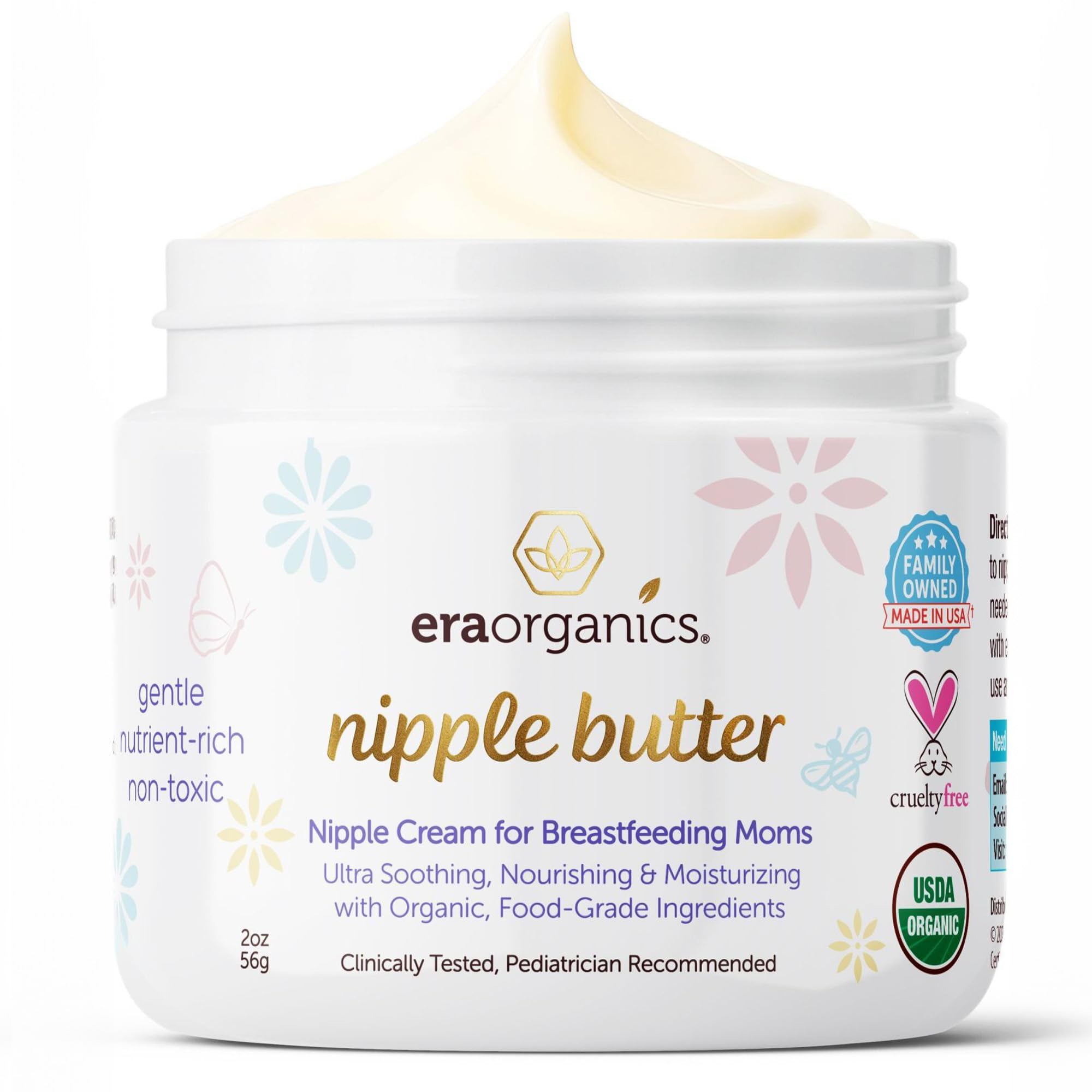 Era Organics nipple butter tub with label indicating USDA Organic ingredients for postpartum skincare