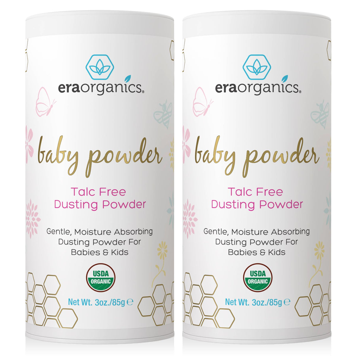 Era Organics talc-free baby powder bottle front showing moisture protection