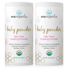 Era Organics talc-free baby powder bottle front showing moisture protection