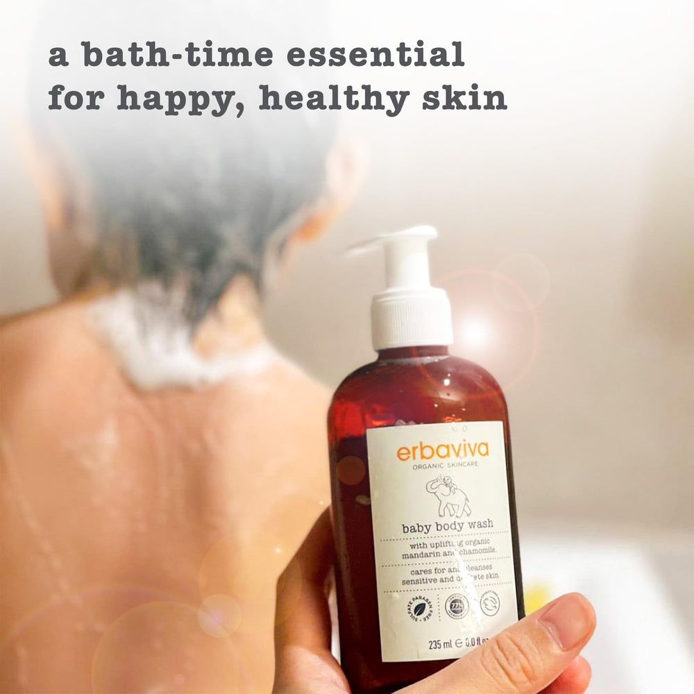 Erbaviva baby body wash used at bedtime scene with chamomile calm