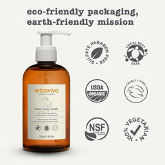Erbaviva baby body wash bottle close-up highlighting coconut-derived cleanser