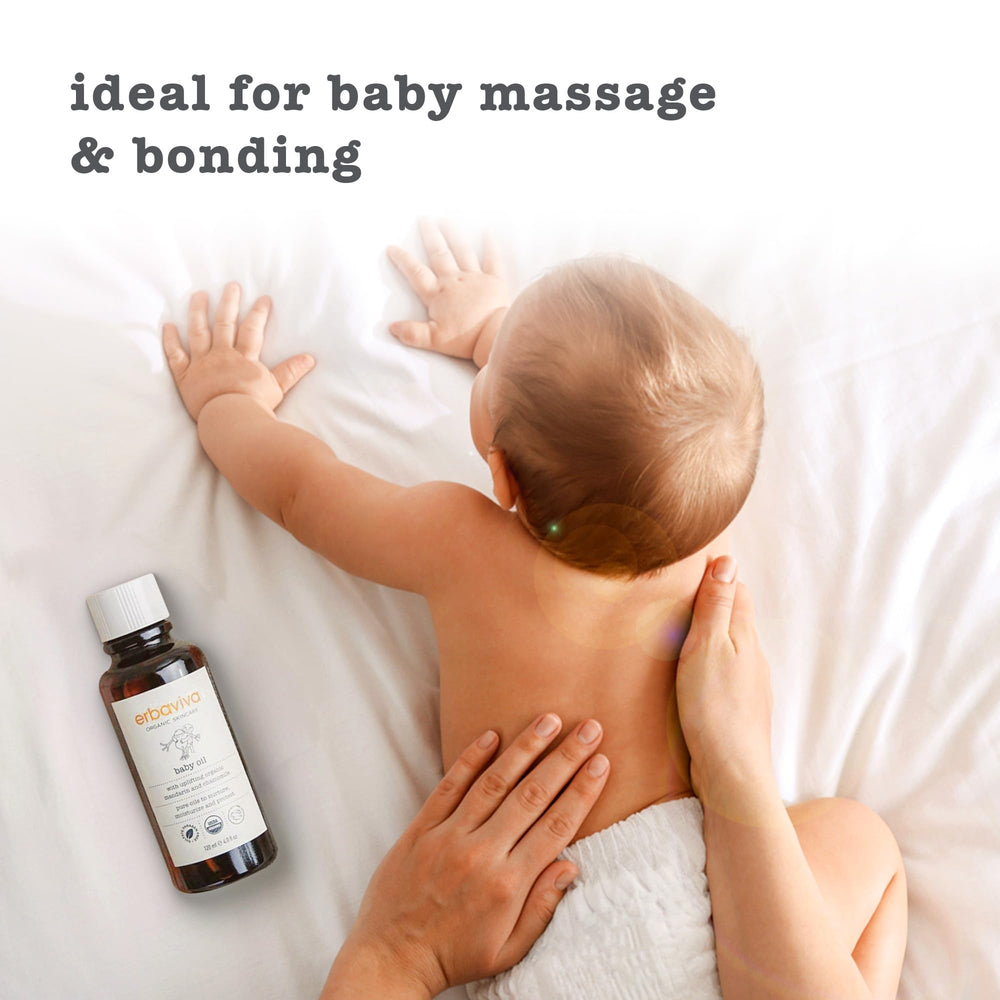 erbaviva baby oil nourishes soft, hydrated skin.