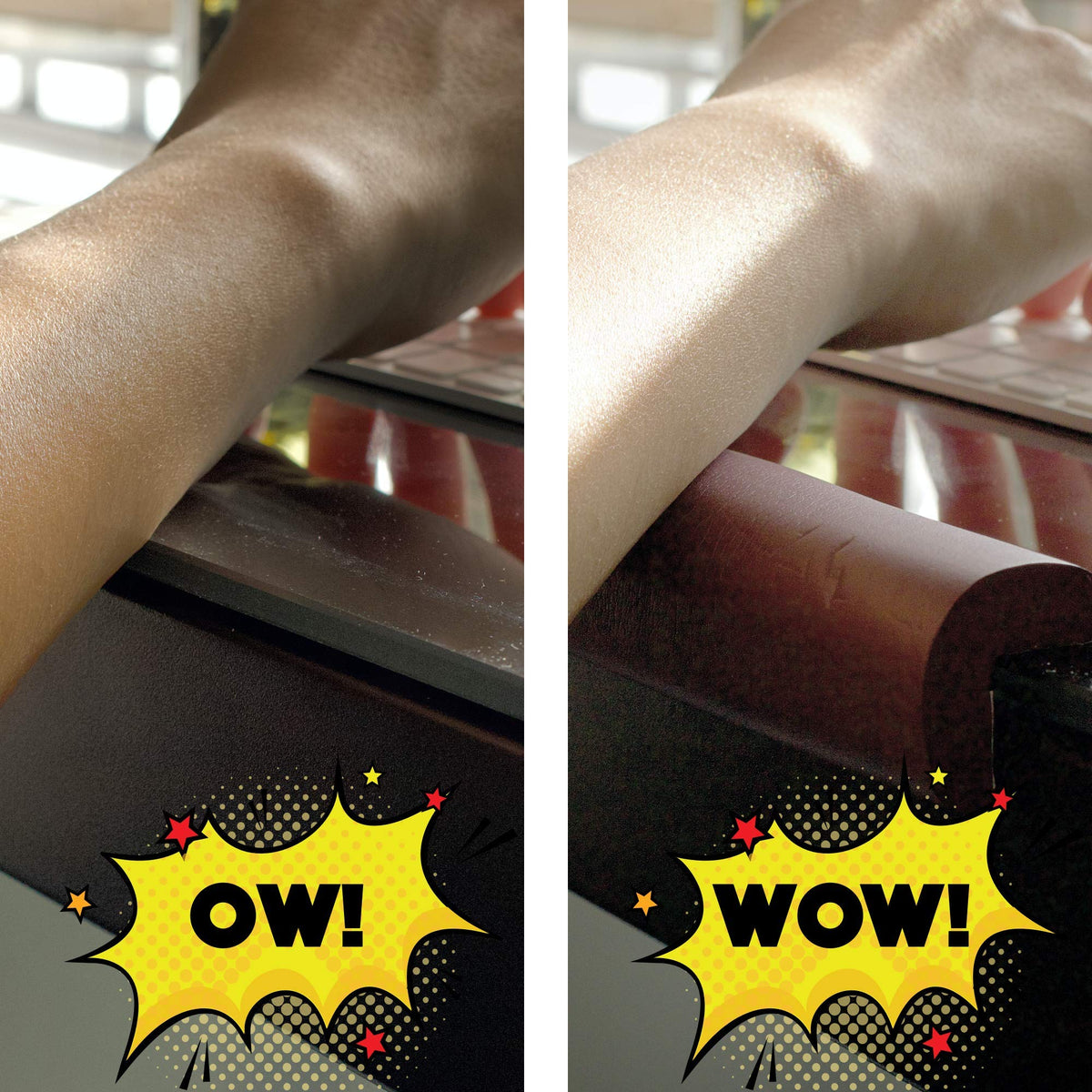 Ergo Edge foam close-up demonstrates arm-protecting padding for comfortable desk use.