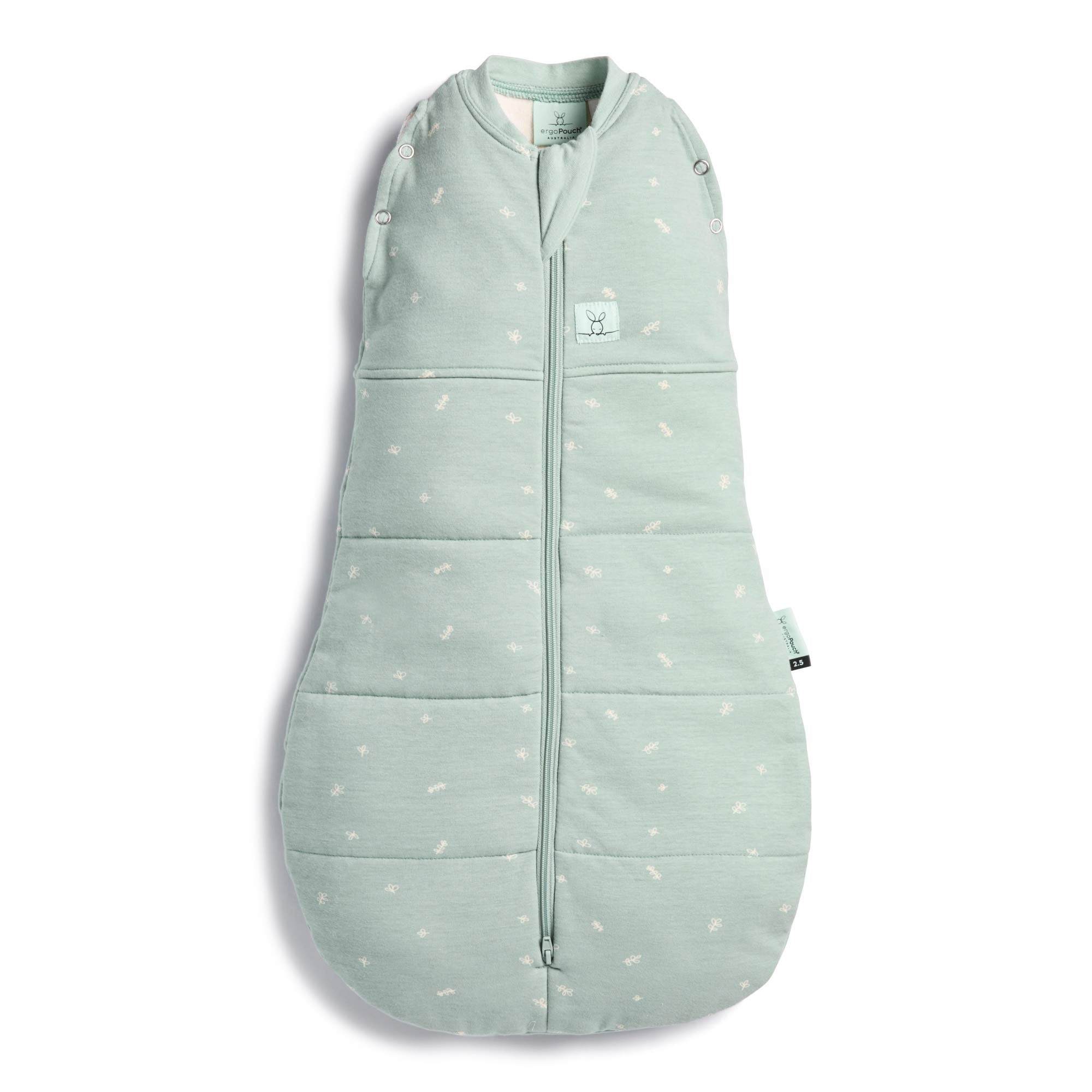 ergoPouch Cocoon Swaddle Sack 0.2 TOG Sage on baby for gentle arms-in transition.