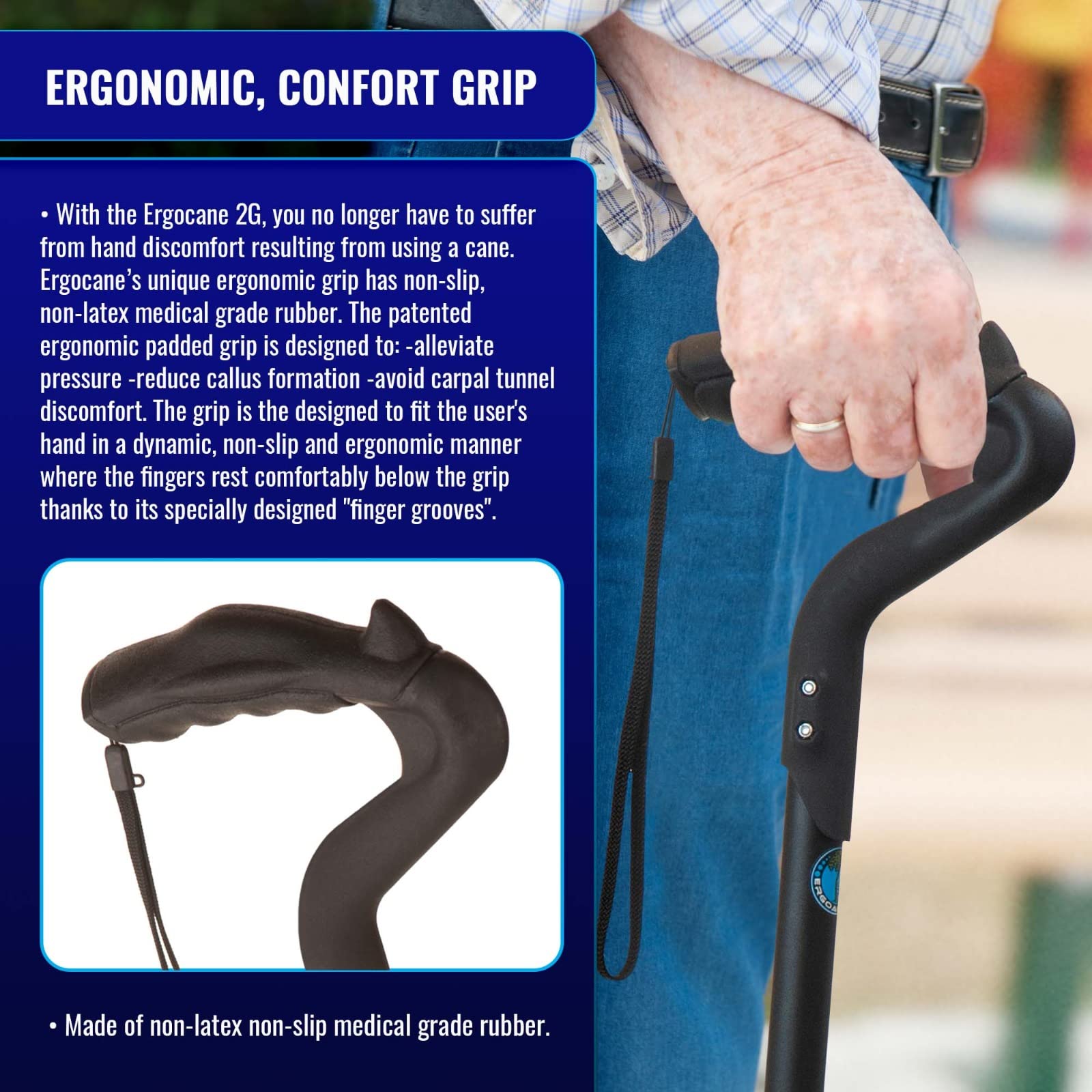 Ergoactives Ergocane 2G Ergocap tip illustrates slip-resistant support and self-stand feature.