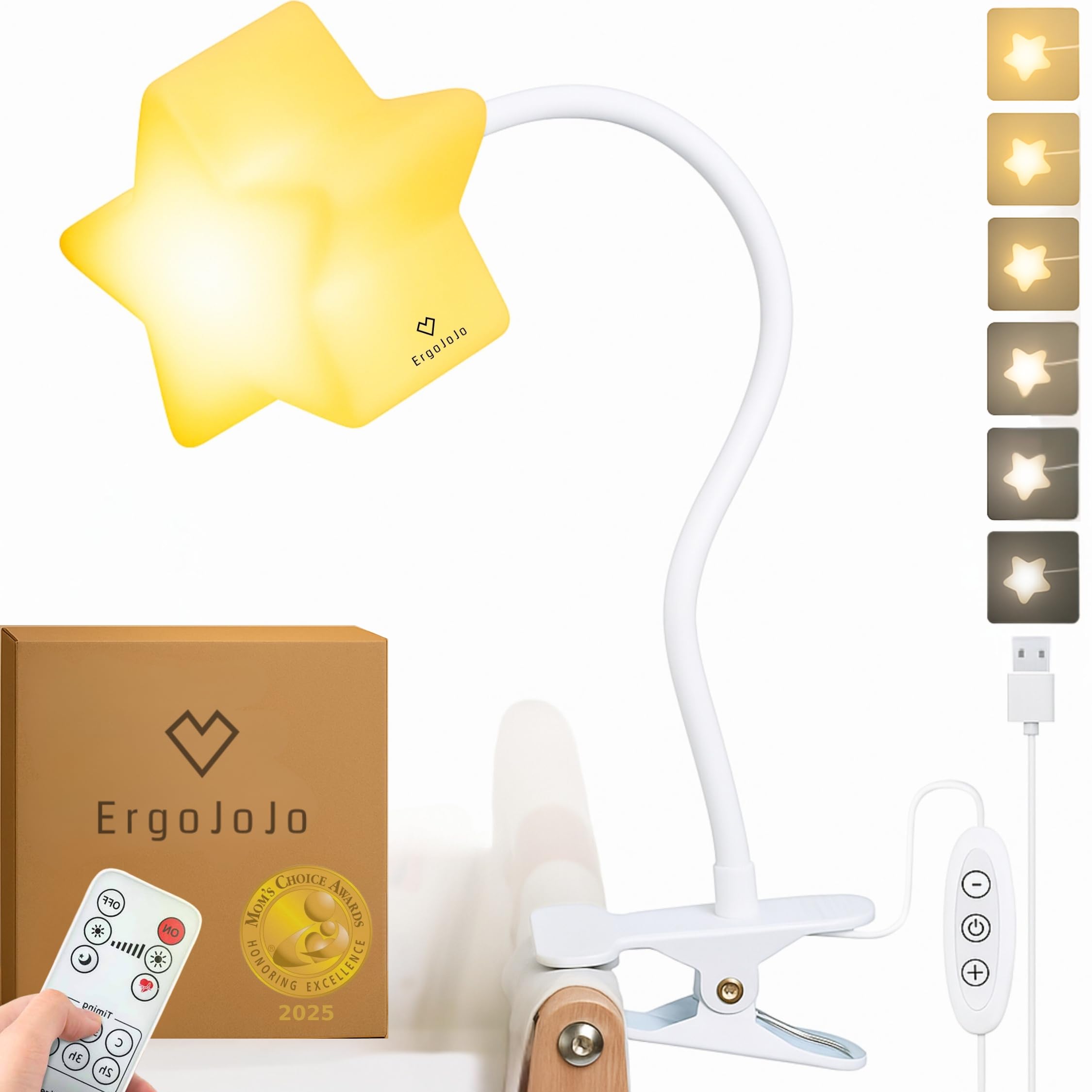 Ergojojo LED clip-on star light with clip attachment for crib lighting and night checks.