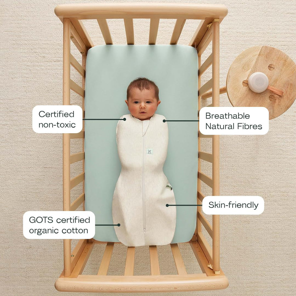 ergoPouch Cocoon Swaddle Sack bell-shaped bottom supports hip movement for comfort.