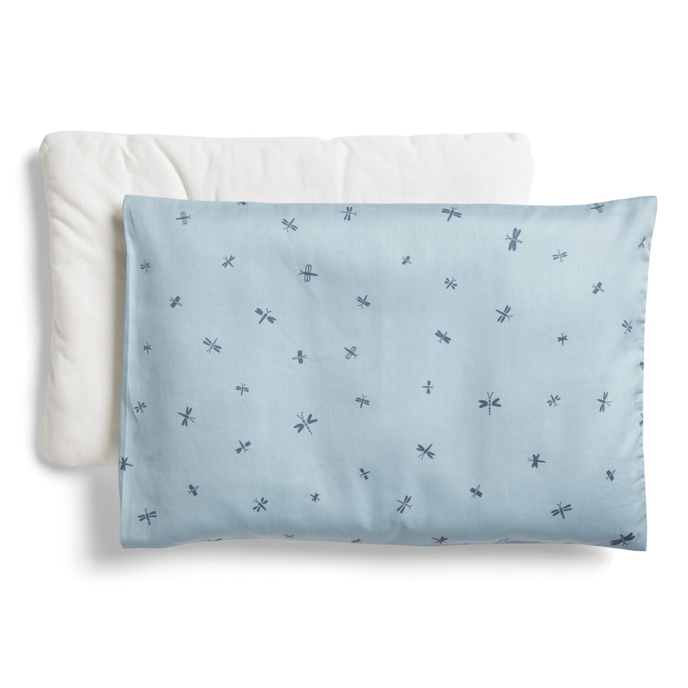 ergoPouch dragonflies-pattern pillow cover close-up highlights breathable organic cotton for gentle skin.