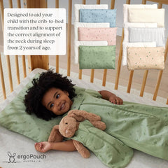 ergoPouch organic toddler pillow willow side profile demonstrates compact design for snug toddler bed fits