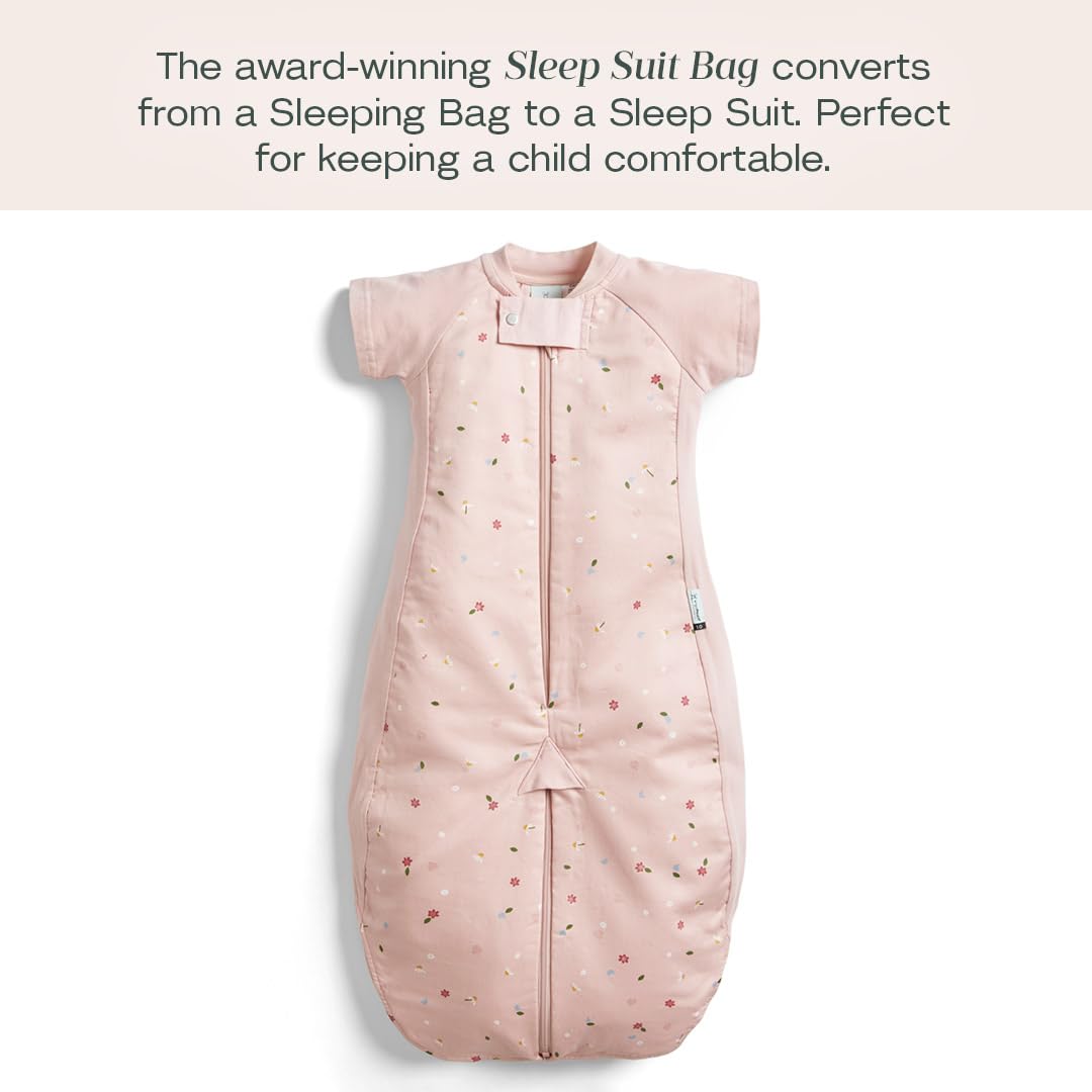ergoPouch Sleep Suit Bag daisies leg-convertible demonstrates flexible movement for safe transitions