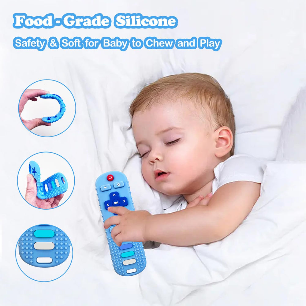 ERISIHUA fire-stick-remote-teether blue side view for easy grasp during teething.