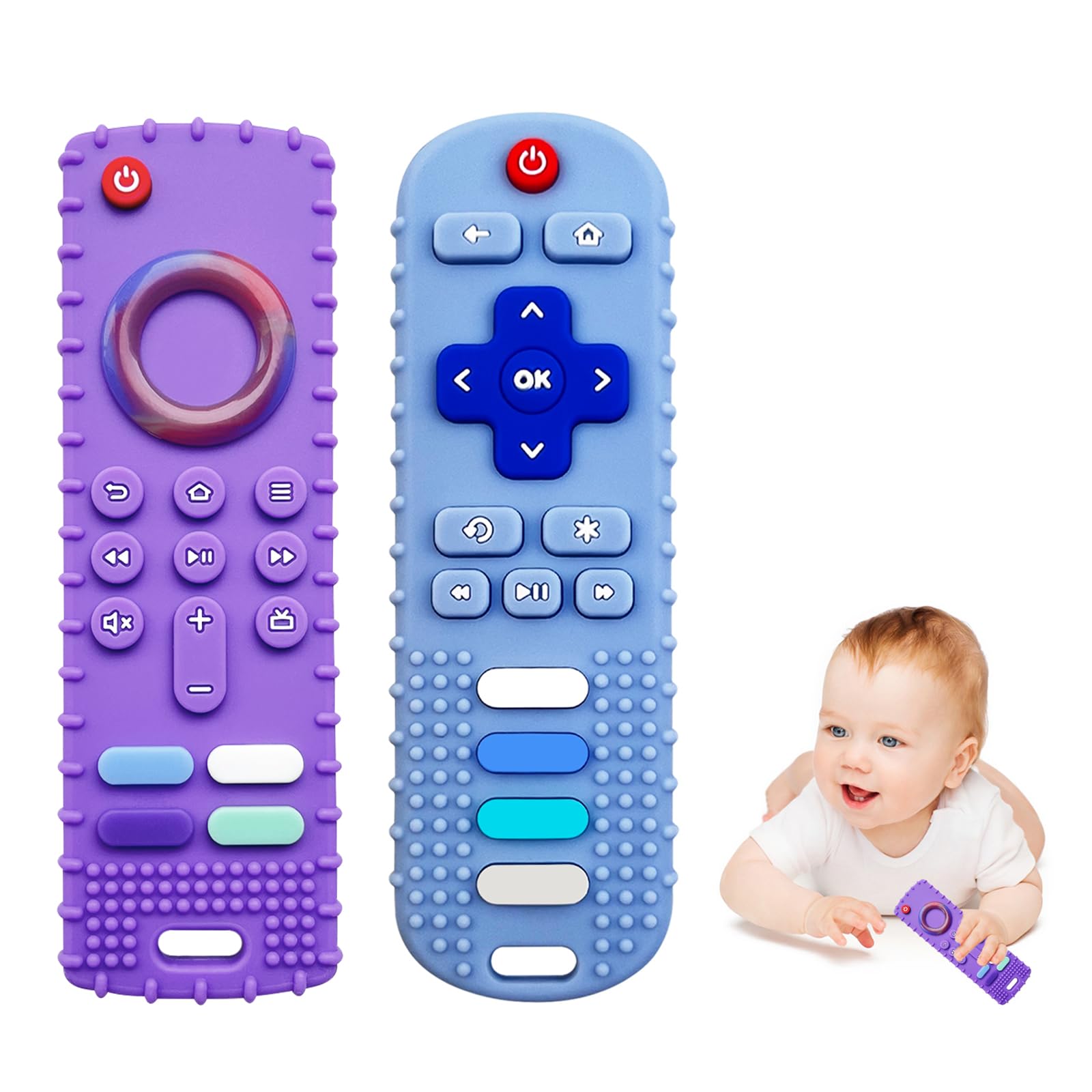 ERISIHUA fire-stick-remote-teether purple front view helps soothe teething gums.