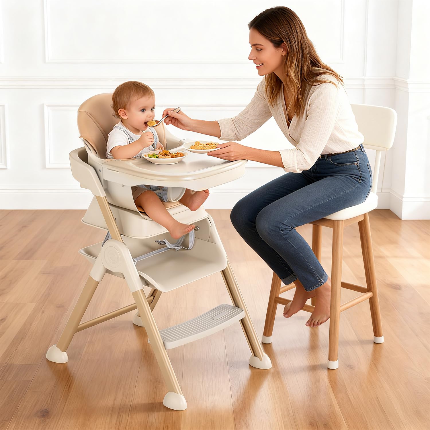 EROMMY 6-in-1 high chair height adjustment demonstrates 4-position seating at table level