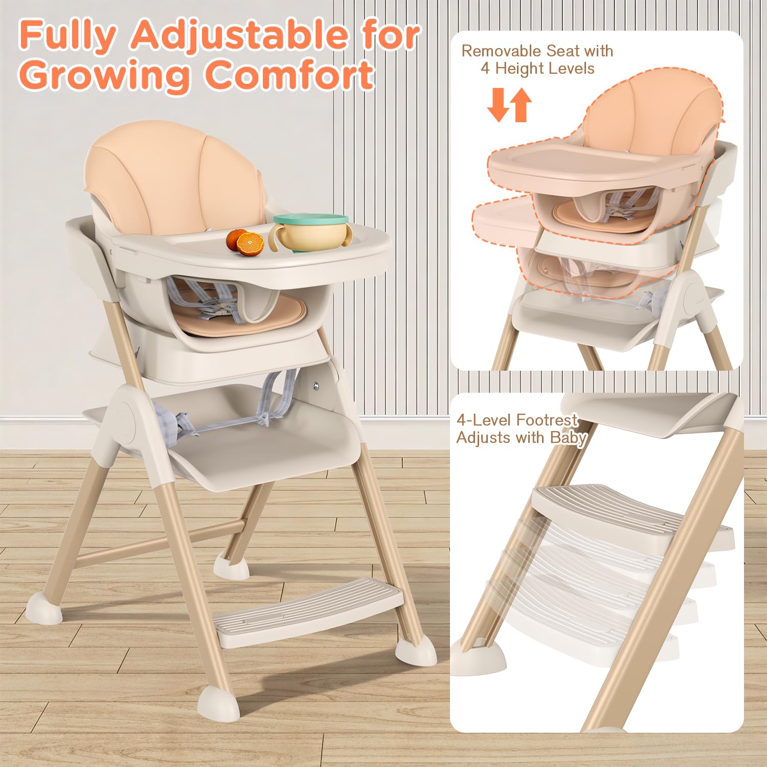 EROMMY 6-in-1 high chair seat detail highlights wipe-clean material for busy families